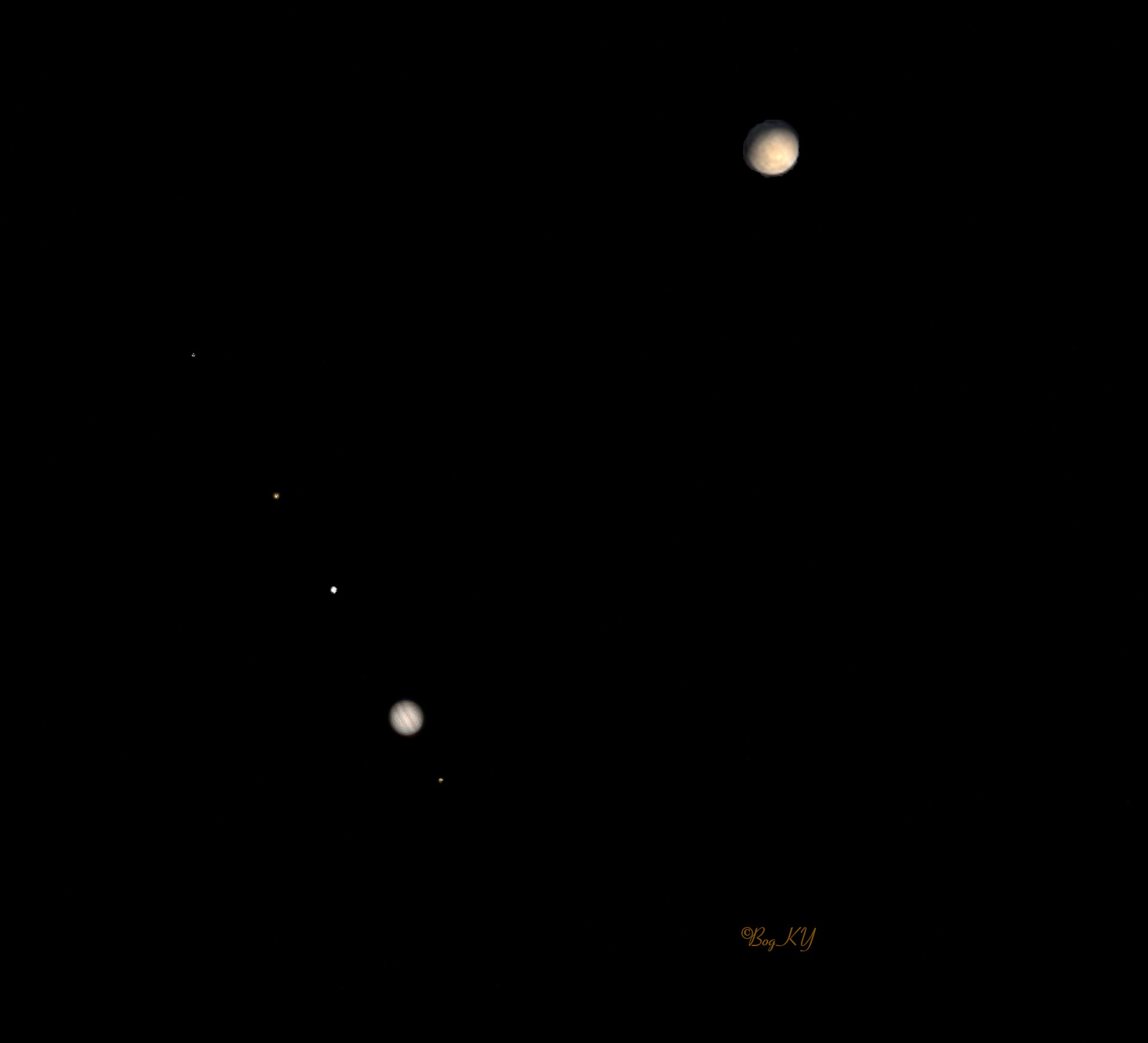 Соединение Внеры и Юпитера со спутниками - вид в телескоп