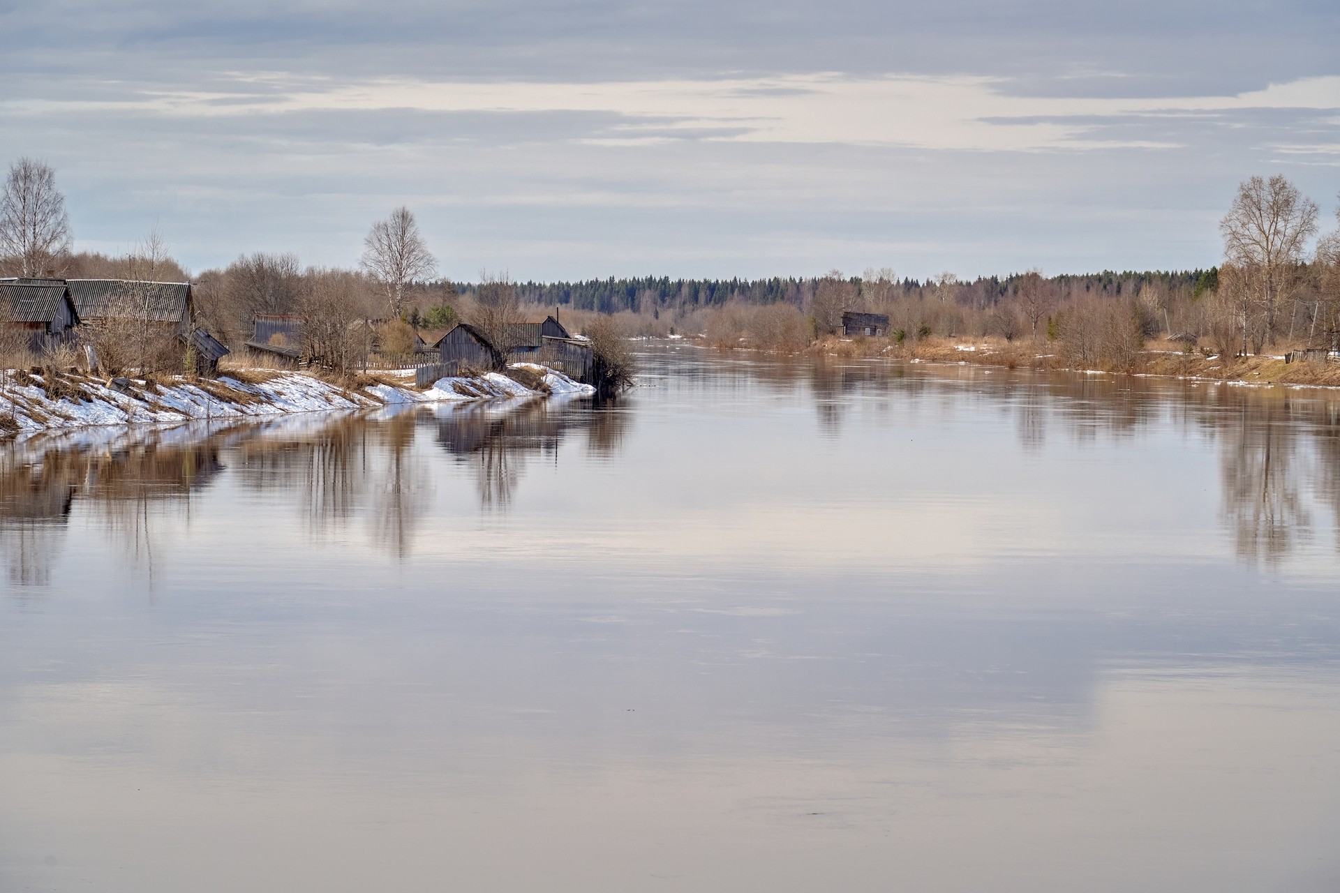 Разлив в апреле, река Волошка. Архангельская область.